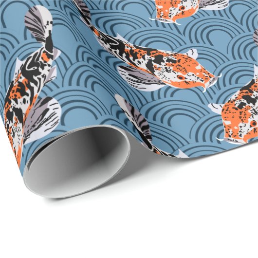 Orange Koi Fisch auf Blauen Waves Gemustert Geschenkpapier (Rolleneckpunkt)