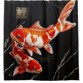 Orange Koi Fish Black Marble|Gold Duschvorhang
