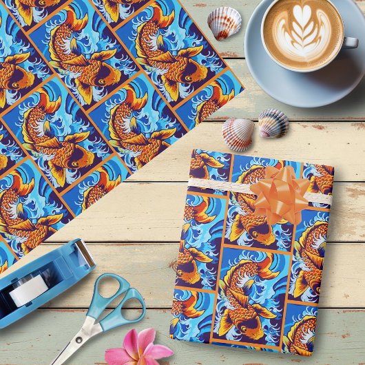 Orange Koi Fish Blue Geschenkpapier