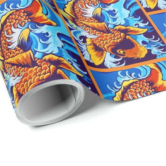 Orange Koi Fish Blue Geschenkpapier (Rolleneckpunkt)