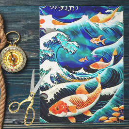 Orange Koi Fish in a Great Wave Japanese Style   Seidenpapier