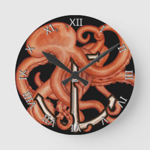 Orange Krake über Anker Runde Wanduhr