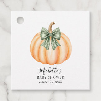 Orange Kürbis Grüne Karo-Schleife Baby Shower Geschenkanhänger