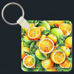 Orange Lemon Botanical Citrus Geometric Schlüsselanhänger<br><div class="desc">Geometric fresh oranges and lemons surrounded by lush green leaves.</div>