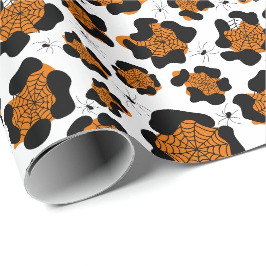 Orange Leopard Print Spider Pattern Halloween Geschenkpapier (Rolleneckpunkt)
