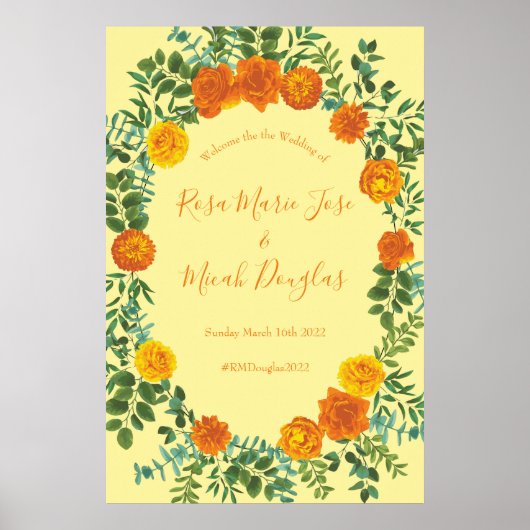 Orange & Light Yellow Peony & Rose Blumenhochzeit Poster (Vorne)
