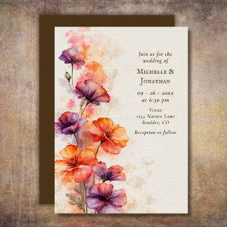 Orange Lila Aquarell Wildblumen Florale Hochzeit Einladung