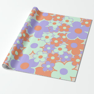 Orange Lila Blau Retro Y2K 70er Blumenmuster Geschenkpapier