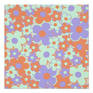 Orange Lila Blau Retro Y2K 70er Blumenmuster Poster