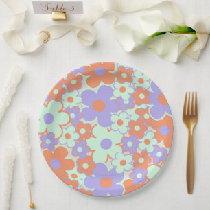 Orange Lila Blue Retro Y2K 70er Blume Muster Pappteller