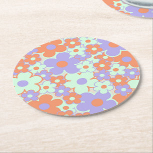 Orange Lila Blue Retro Y2K 70er Blume Muster Runder Pappuntersetzer
