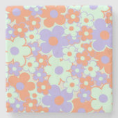 Orange Lila Blue Retro Y2K 70er Blume Muster Steinuntersetzer (Vorderseite)