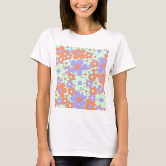 Orange Lila Blue Retro Y2K 70er Blume Muster T-Shirt (Vorderseite)