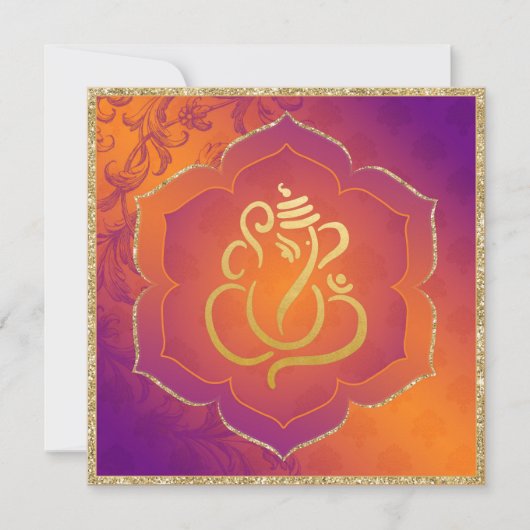 Orange Lila Damask Gold Ganesh Indian Wedding Einladung (Vorderseite)