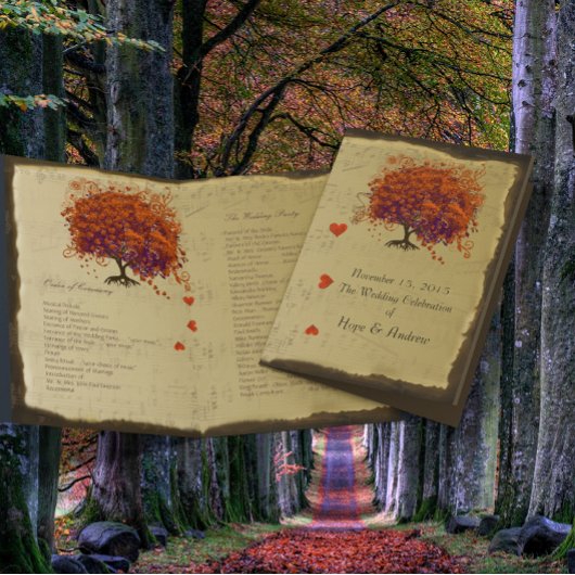 Orange & Lila Heart Leaf Tree Wedding Program