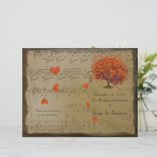 Orange & Lila Heart Leaf Tree Wedding Program (Stehend Vorderseite)