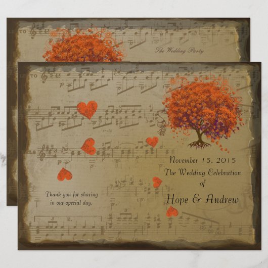 Orange & Lila Heart Leaf Tree Wedding Program (Vorne/Hinten)