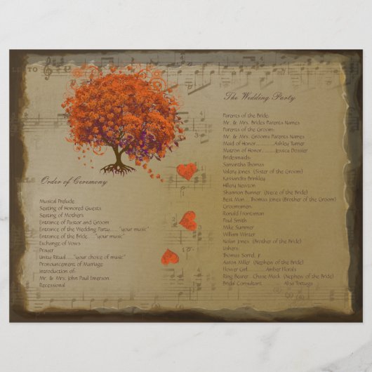 Orange & Lila Heart Leaf Tree Wedding Program (Rückseite)