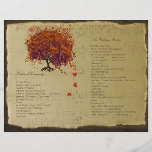 Orange & Lila Heart Leaf Tree Wedding Program (Rückseite)