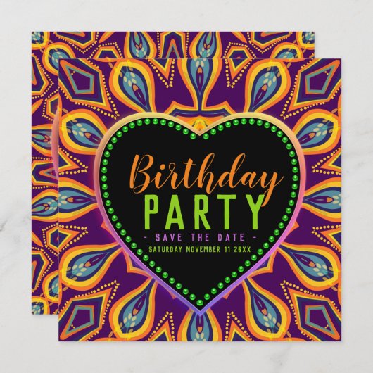 Orange Lila Hippie Child Bohemisch Themed Party Save The Date (Vorne/Hinten)