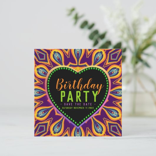 Orange Lila Hippie Child Bohemisch Themed Party Save The Date (Stehend Vorderseite)