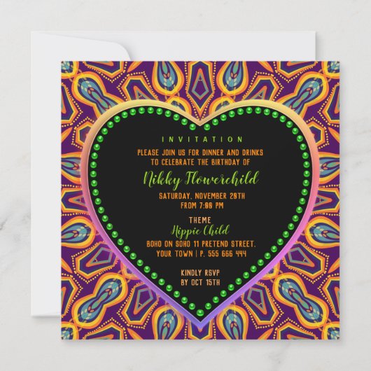 Orange Lila Hippie Child Bohemisch Themed Party Save The Date (Rückseite)