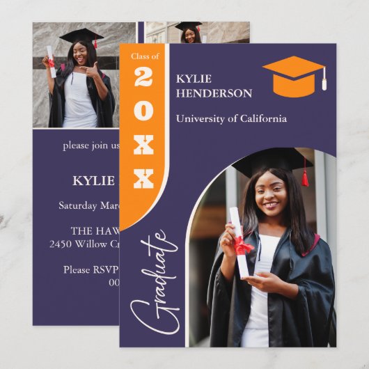 Orange Lila Modernes Abschluss Foto Ankündigung (Vorne/Hinten)