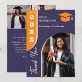 Orange Lila Modernes Abschluss Foto Dankeskarte (Vorne/Hinten)