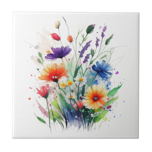 Orange Lila Red Blue Watercolor Blume Fliese (Vorderseite)