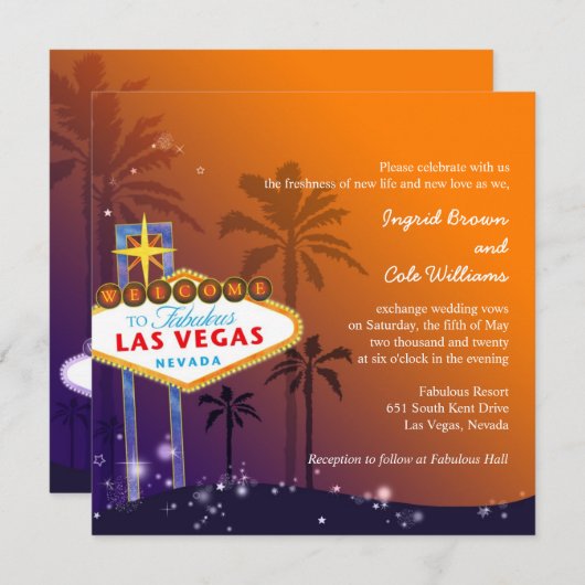 Orange & Lila Twilight Las Vegas Wedding Einladung (Vorne/Hinten)