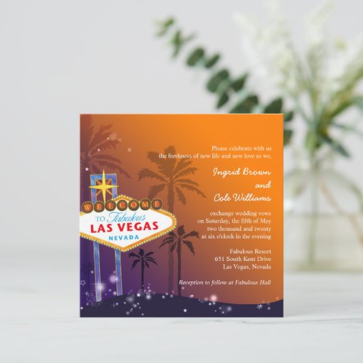 Orange & Lila Twilight Las Vegas Wedding Einladung (Stehend Vorderseite)