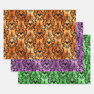 Orange, Lila und Grüne Fledermaus Halloween Damast Geschenkpapier Set
