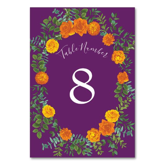 Orange Lila Wedding Rose Floral Tischnummer (Rückseite)