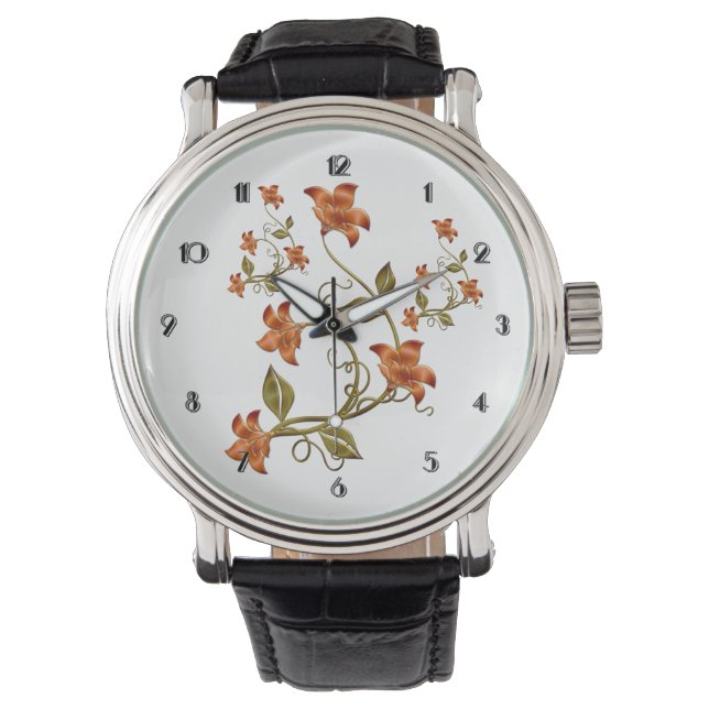 Orange Lilien Blumenmuster Armbanduhr (Vorderseite)
