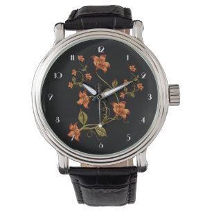 Orange Lilien Blumenmuster Schwarze Armbanduhr