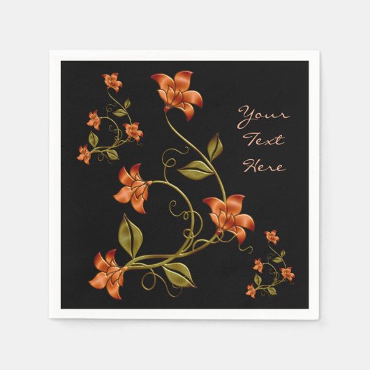 Orange Lilien Blumenmuster Schwarze Napkins Serviette (Vorderseite)