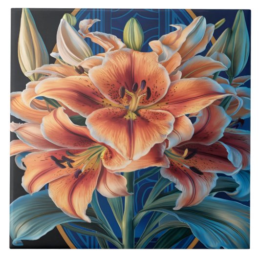 Orange Lilies Bloom auf Blue Fliese (Vorderseite)