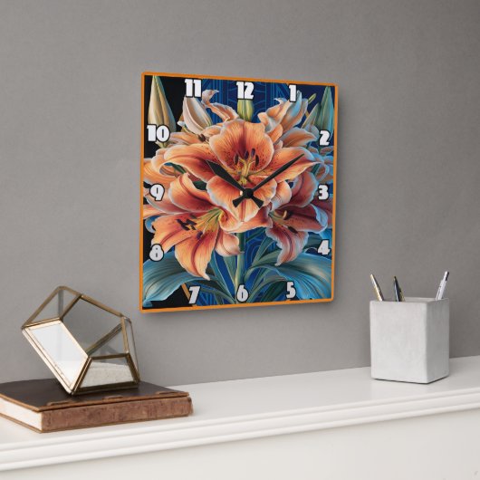 Orange Lilies Bloom auf Blue Quadratische Wanduhr (Büro)