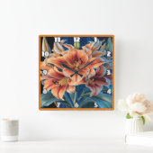 Orange Lilies Bloom auf Blue Quadratische Wanduhr (Zuhause)
