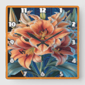 Orange Lilies Bloom auf Blue Quadratische Wanduhr (Vorderseite)