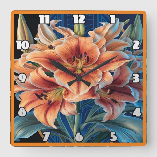 Orange Lilies Bloom auf Blue Quadratische Wanduhr (Vorderseite)