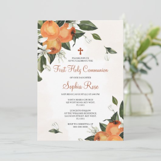 Orange & Lilies Floral First Holy Communion Einladung (Stehend Vorderseite)