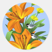 Orange Lilies und Chickadee Runder Aufkleber (Vorderseite)
