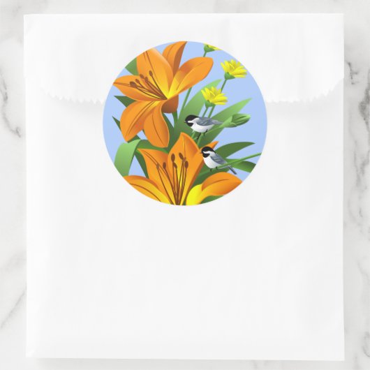 Orange Lilies und Chickadee Runder Aufkleber (Tasche)