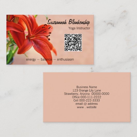 Orange Lily Foto Custom QR Code Yoga Instructor Visitenkarte (Vorne/Hinten)