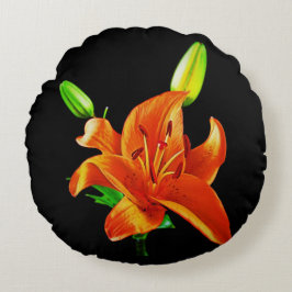 Orange Lily on Black Rundes Kissen