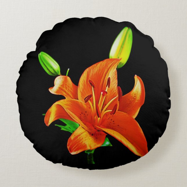 Orange Lily on Black Rundes Kissen (Vorderseite)