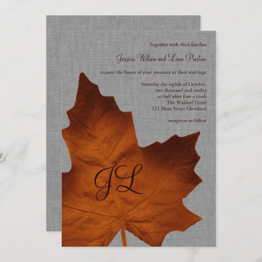 Orange Linen Mit Monogramm Hochzeitseinladung Einladung (Vorne/Hinten)