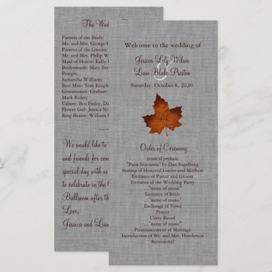 Orange Linen Mit Monogramm Wedding Program Programm (Vorne/Hinten)