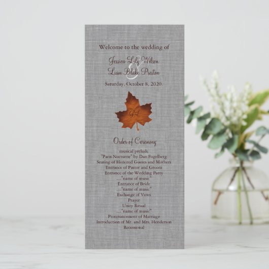 Orange Linen Mit Monogramm Wedding Program Programm (Stehend Vorderseite)